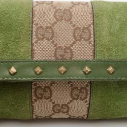 Pre Owned Gucci Monogram GG and Green Suede Pochette