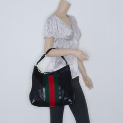 Pre Owned Gucci Black Leather Red Green Stripe Hobo