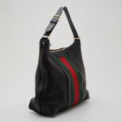 Pre Owned Gucci Black Leather Red Green Stripe Hobo