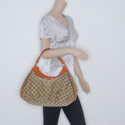 Pre Owned Gucci Beige GG Canvas Gold D Ring Hobo Bag 