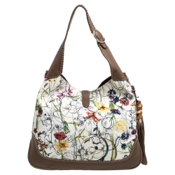 مملوكة مسبقًا Gucci White Flora Canvas and Leather Large Jackie O Hobo