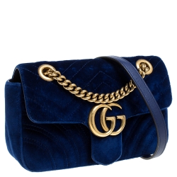 Pre Owned Gucci Blue Velvet Small GG Marmont Shoulder Bag