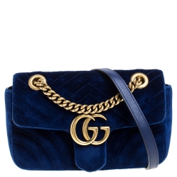 Pre Owned Gucci Blue Velvet Small GG Marmont Shoulder Bag