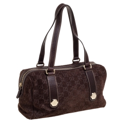 Pre Owned Gucci Brown GG Suede and Leather Charmy Boston Bag