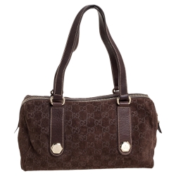 Pre Owned Gucci Brown GG Suede and Leather Charmy Boston Bag