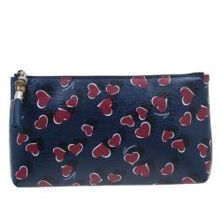 Pre Owned Gucci Blue Busta Grande Heart-Print Textured Leather Pouch