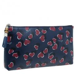 Pre Owned Gucci Blue Busta Grande Heart-Print Textured Leather Pouch