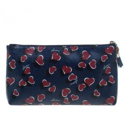 Pre Owned Gucci Blue Busta Grande Heart-Print Textured Leather Pouch