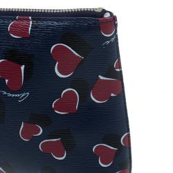 Pre Owned Gucci Blue Busta Grande Heart-Print Textured Leather Pouch