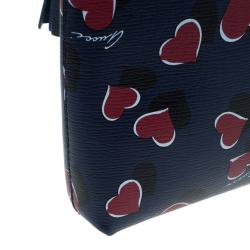 Pre Owned Gucci Blue Busta Grande Heart-Print Textured Leather Pouch