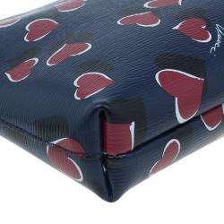 Pre Owned Gucci Blue Busta Grande Heart-Print Textured Leather Pouch