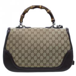 Pre Owned Gucci Brown Canvas Leather Large New Bamboo Tassel Top Handle Bag