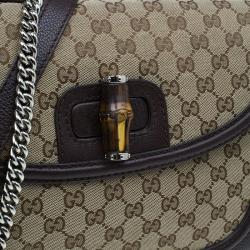 Pre Owned Gucci Brown Canvas Leather Large New Bamboo Tassel Top Handle Bag