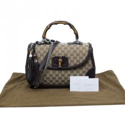 Pre Owned Gucci Brown Canvas Leather Large New Bamboo Tassel Top Handle Bag