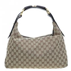Pre Owned Gucci Beige/Ebony GG Canvas Medium Horsebit Hobo Bag