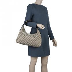 Pre Owned Gucci Beige/Ebony GG Canvas Medium Horsebit Hobo Bag