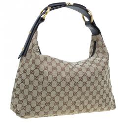 Pre Owned Gucci Beige/Ebony GG Canvas Medium Horsebit Hobo Bag
