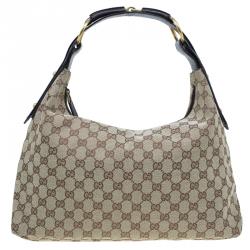 Pre Owned Gucci Beige/Ebony GG Canvas Medium Horsebit Hobo Bag