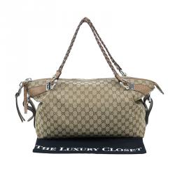 Pre Owned Gucci Beige GG Canvas Medium Bamboo Bar Tote Bag