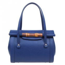 Pre Owned Gucci Blue Leather Small Bamboo Top Handle Bag