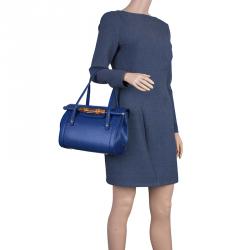 Pre Owned Gucci Blue Leather Small Bamboo Top Handle Bag