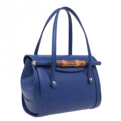 Pre Owned Gucci Blue Leather Small Bamboo Top Handle Bag