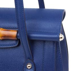Pre Owned Gucci Blue Leather Small Bamboo Top Handle Bag