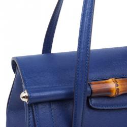 Pre Owned Gucci Blue Leather Small Bamboo Top Handle Bag