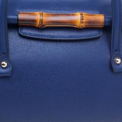 Pre Owned Gucci Blue Leather Small Bamboo Top Handle Bag