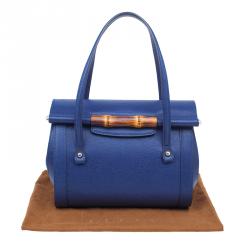 Pre Owned Gucci Blue Leather Small Bamboo Top Handle Bag