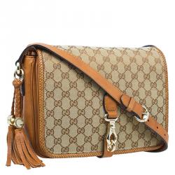 Pre Owned Gucci Beige/Brown GG Canvas Medium Marrakech Tassel Messenger Bag