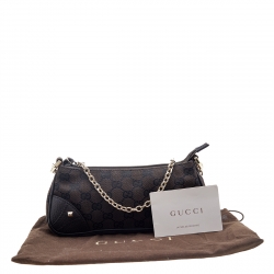 Pre Owned Gucci Dark Brown/Black GG Canvas And Leather Chain Handle Baguette