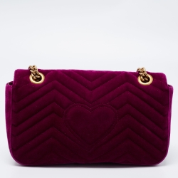 Pre Owned Gucci Magenta Matelassé Velvet Small GG Marmont Shoulder Bag