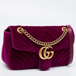 Pre Owned Gucci Magenta Matelassé Velvet Small GG Marmont Shoulder Bag