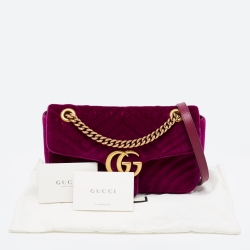 Pre Owned Gucci Magenta Matelassé Velvet Small GG Marmont Shoulder Bag