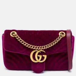 Pre Owned Gucci Magenta Matelassé Velvet Small GG Marmont Shoulder Bag