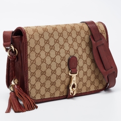 Pre Owned Gucci Beige/Maroon GG Canvas and Leather Medium Marrakech Tassel Messenger Bag