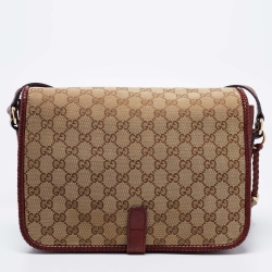 Pre Owned Gucci Beige/Maroon GG Canvas and Leather Medium Marrakech Tassel Messenger Bag