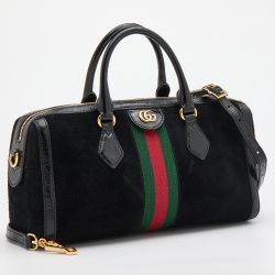 Pre Owned Gucci Black Suede and Patent Leather Medium GG Ophidia Boston Bag