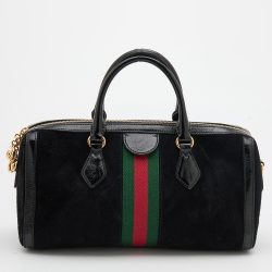 Pre Owned Gucci Black Suede and Patent Leather Medium GG Ophidia Boston Bag