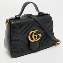 Pre Owned Gucci Black Matelassé Leather Mini GG Marmont Top Handle Bag