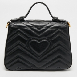 Pre Owned Gucci Black Matelassé Leather Mini GG Marmont Top Handle Bag