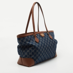 Pre Owned Gucci Blue/Brown GG Denim And Leather Medium Ophidia Shopping Tote