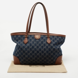 Pre Owned Gucci Blue/Brown GG Denim And Leather Medium Ophidia Shopping Tote