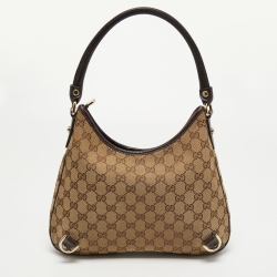 Pre Owned Gucci Beige/Brown GG Canvas and Leather Medium Abbey D-Ring Hobo