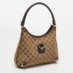 Pre Owned Gucci Beige/Brown GG Canvas and Leather Medium Abbey D-Ring Hobo