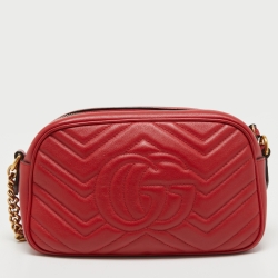 Pre Owned Gucci Red Matelassé Leather Small GG Marmont Camera Bag