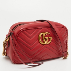 Pre Owned Gucci Red Matelassé Leather Small GG Marmont Camera Bag