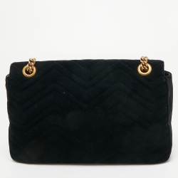 Pre Owned Gucci Black Love Embroidered Matelassé Velvet Medium GG Marmont Shoulder Bag