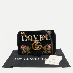 Pre Owned Gucci Black Love Embroidered Matelassé Velvet Medium GG Marmont Shoulder Bag